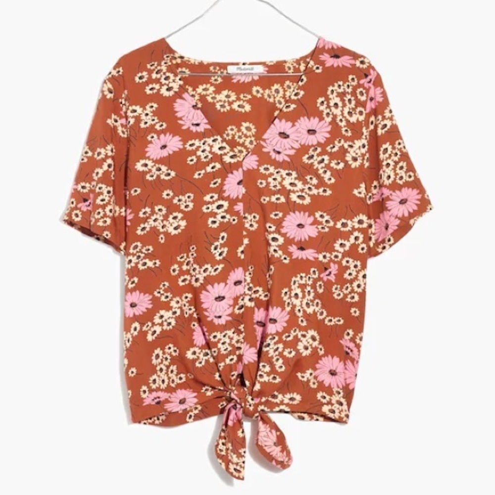 Madewell Daisy Print Tie-Front V-Neck Blouse Brown Pink Floral Medium